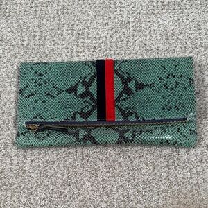 Clare V Green Snakeskin Clutch with Red and Black Stripe